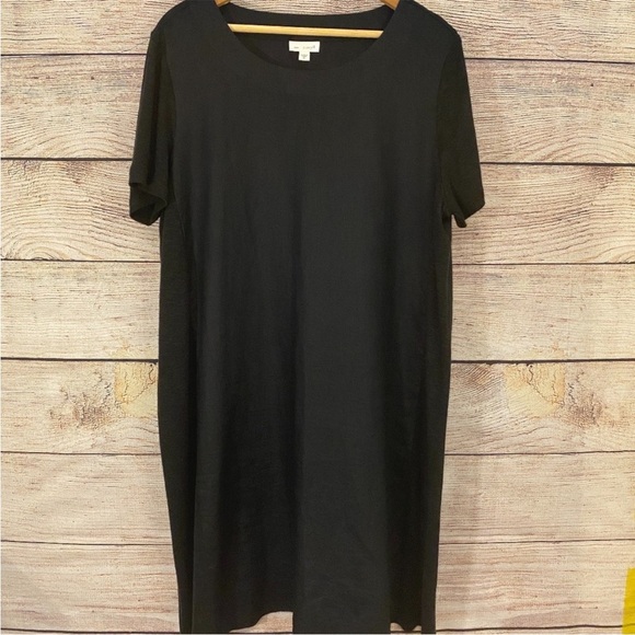 Pure Jill Black Short Sleeve Knit Side Panels Linen Midi Dress Sz L - Picture 2 of 6